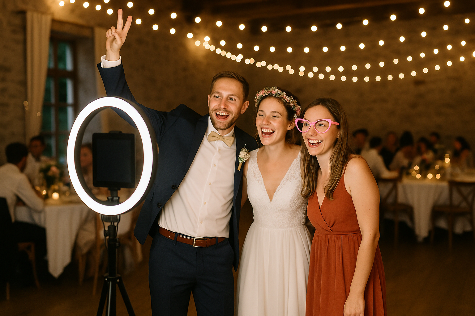 Mariés et invitée utilisant le photobooth Event Flash lors d'un mariage avec ring light
